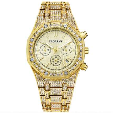 CAGARNY 6881 Diamond-studded Six-needles Guartz Dual Movement Watch Men Stainless Steel Strap Watch (Gold Shell Gold Dial)-garmade.com