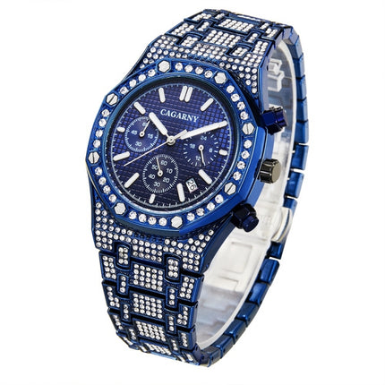 CAGARNY 6881 Diamond-studded Six-needles Guartz Dual Movement Watch Men Stainless Steel Strap Watch (Blue Shell Blue Dial)-garmade.com