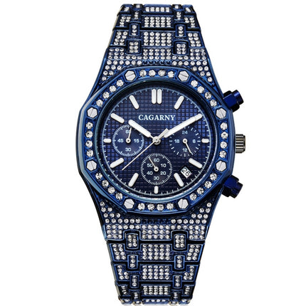 CAGARNY 6881 Diamond-studded Six-needles Guartz Dual Movement Watch Men Stainless Steel Strap Watch (Blue Shell Blue Dial)-garmade.com