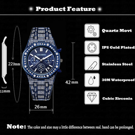 CAGARNY 6881 Diamond-studded Six-needles Guartz Dual Movement Watch Men Stainless Steel Strap Watch (Blue Shell Blue Dial)-garmade.com