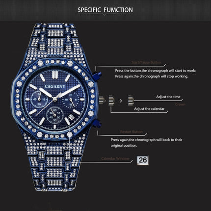 CAGARNY 6881 Diamond-studded Six-needles Guartz Dual Movement Watch Men Stainless Steel Strap Watch (Blue Shell Blue Dial)-garmade.com