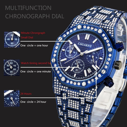 CAGARNY 6881 Diamond-studded Six-needles Guartz Dual Movement Watch Men Stainless Steel Strap Watch (Blue Shell Blue Dial)-garmade.com