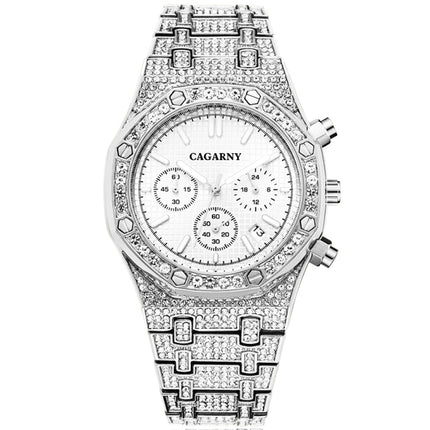 CAGARNY 6881 Diamond-studded Six-needles Guartz Dual Movement Watch Men Stainless Steel Strap Watch (Silver Shell White Dial)-garmade.com