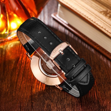 CAGARNY 6812 Round Dial Alloy Gold Case Fashion Couple Watch Men & Women Lover Quartz Watches with PU Leather Band-garmade.com