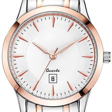 BUREI 700107 Multifunctional 3ATM Waterproof Quartz Lovers Wrist Watch with Stainless Steel Band & Sapphire Window & Big Dial, Luminous & Calendar Display Function for Women(Rose and White Window)-garmade.com