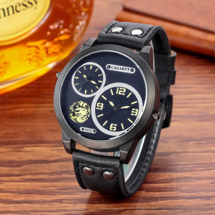 CAGARNY 6852 Fashion Waterproof Dual Quartz Movement Wrist Watch with Leather Band(Yellow Number)-garmade.com