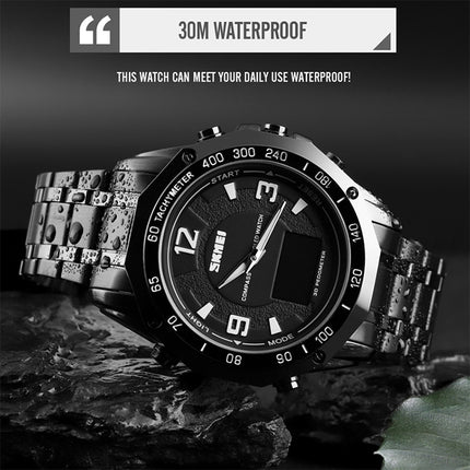 SKMEI 1464 Multifunctional Men Outdoor Business Sports Waterproof Steel Strap Double Display Digital Watch(Silver)-garmade.com