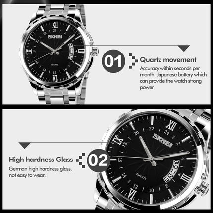 SKMEI 9069 Multifunctional Outdoor Fashion Business Waterproof Silver Shell Quartz Wrist Watch(Black)-garmade.com