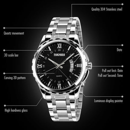 SKMEI 9069 Multifunctional Outdoor Fashion Business Waterproof Silver Shell Quartz Wrist Watch(Gold)-garmade.com