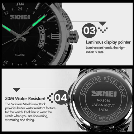 SKMEI 9069 Multifunctional Outdoor Fashion Business Waterproof Interval Gold Shell Quartz Wrist Watch(Rose Gold)-garmade.com