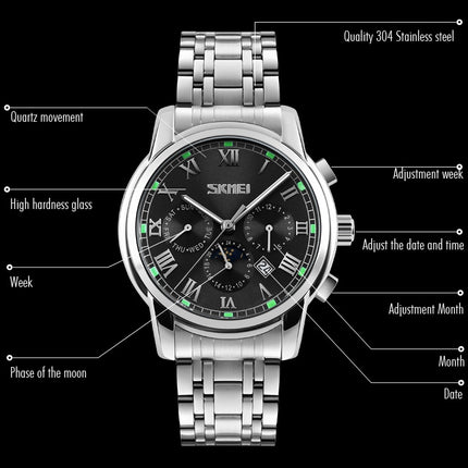 SKMEI 9121 Multifunctional Outdoor Fashion Business Waterproof Steel Strap Quartz Wrist Watch (Black)-garmade.com