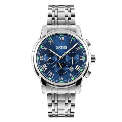 SKMEI 9121 Multifunctional Outdoor Fashion Business Waterproof Steel Strap Quartz Wrist Watch (Blue)-garmade.com