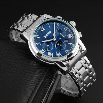 SKMEI 9121 Multifunctional Outdoor Fashion Business Waterproof Steel Strap Quartz Wrist Watch (Blue)-garmade.com