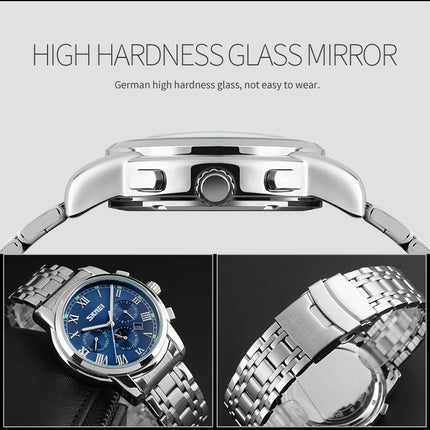 SKMEI 9121 Multifunctional Outdoor Fashion Business Waterproof Steel Strap Quartz Wrist Watch (Silver)-garmade.com
