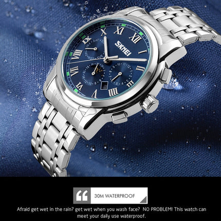 SKMEI 9121 Multifunctional Outdoor Fashion Business Waterproof Steel Strap Quartz Wrist Watch (Silver)-garmade.com