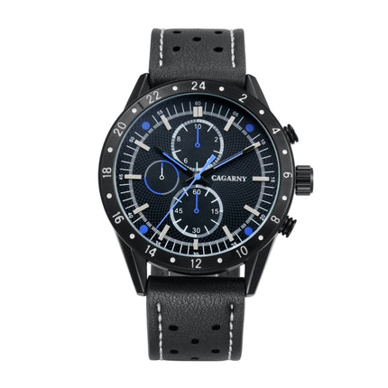CAGARNY 6828 Fashionable Multifunctional Quartz Sport Wrist Watch with Leather Band & GMT Time & Calendar & Luminous Display for Men(Black Window Blue Needle)-garmade.com