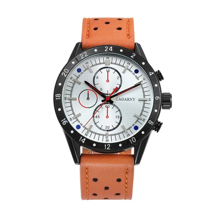 CAGARNY 6828 Fashionable Multifunctional Style Quartz Sport Wrist Watch with Leather Band & GMT Time & Calendar & Luminous Display for Men(White Window Red Needle)-garmade.com