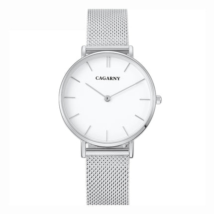 CAGARNY 6872 Round Dial Simple Nail Scale Fashion Women Quartz Movement Watch with Stainless Steel Band (Silver + White)-garmade.com