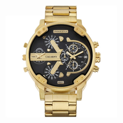 CAGARNY 6820 Fashionable Business Style Large Dial Calendar Display Men Quartz Dual Movement Watch with Stainless Steel Band (Gold + Black)-garmade.com