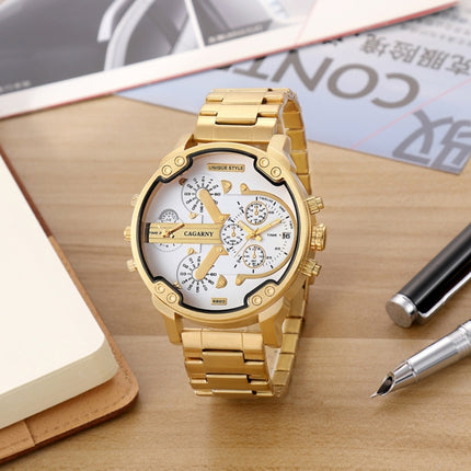 CAGARNY 6820 Fashionable Business Style Large Dial Calendar Display Men Quartz Dual Movement Watch with Stainless Steel Band (Gold + White)-garmade.com
