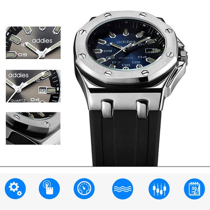 addies MY-052 Business Multifunctional Luminous Watch Silicone Watchstrap Watch for Men(Black Gold)-garmade.com