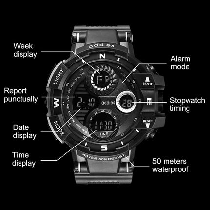 addies MY-1901 Luminous Three-window LED Outdoor Sports Multi-function Electronic Watch for Men, Support Calendar / Alarm Clock / Timer / Talking(White)-garmade.com