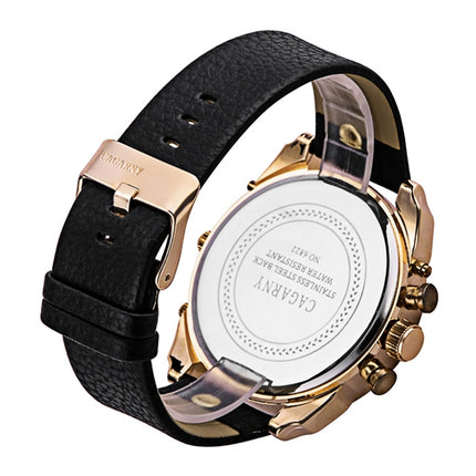 CAGARNY 6822 Fashionable Concise Style Large Dial Dual Clock Rose Gold Case Quartz Movement Wrist Watch with Leather Band & GMT Time & Calendar Functions for Men(Black Window)-garmade.com