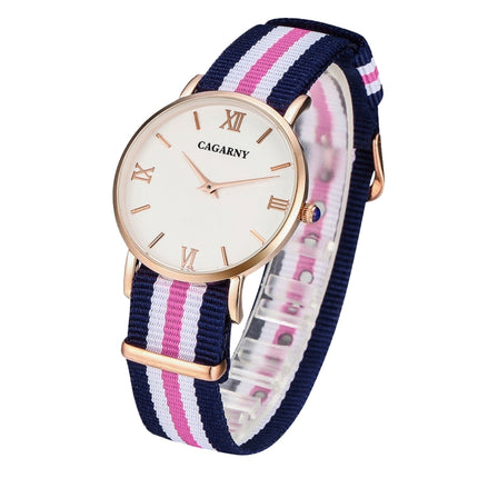 CAGARNY 6813 Fashionable Ultra Thin Rose Gold Case Quartz Wrist Watch with 5 Stripes Nylon Band for Women(Pink)-garmade.com