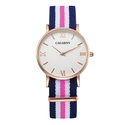 CAGARNY 6813 Fashionable Ultra Thin Rose Gold Case Quartz Wrist Watch with 5 Stripes Nylon Band for Women(Pink)-garmade.com