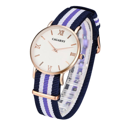 CAGARNY 6813 Fashionable Ultra Thin Rose Gold Case Quartz Wrist Watch with 5 Stripes Nylon Band for Women(Blue)-garmade.com