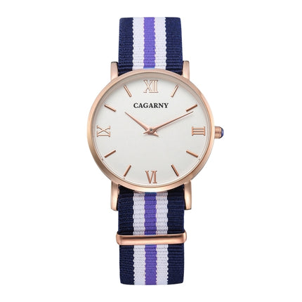 CAGARNY 6813 Fashionable Ultra Thin Rose Gold Case Quartz Wrist Watch with 5 Stripes Nylon Band for Women(Blue)-garmade.com