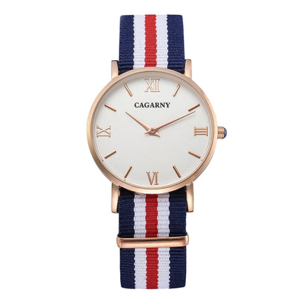 CAGARNY 6813 Fashionable Ultra Thin Rose Gold Case Quartz Wrist Watch with 5 Stripes Nylon Band for Women(Red)-garmade.com