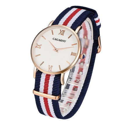 CAGARNY 6813 Fashionable Ultra Thin Rose Gold Case Quartz Wrist Watch with 5 Stripes Nylon Band for Women(Red)-garmade.com