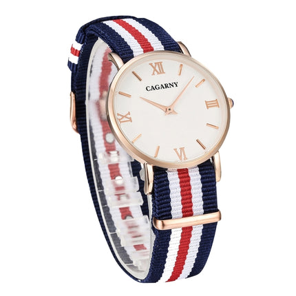 CAGARNY 6813 Fashionable Ultra Thin Rose Gold Case Quartz Wrist Watch with 5 Stripes Nylon Band for Women(Red)-garmade.com