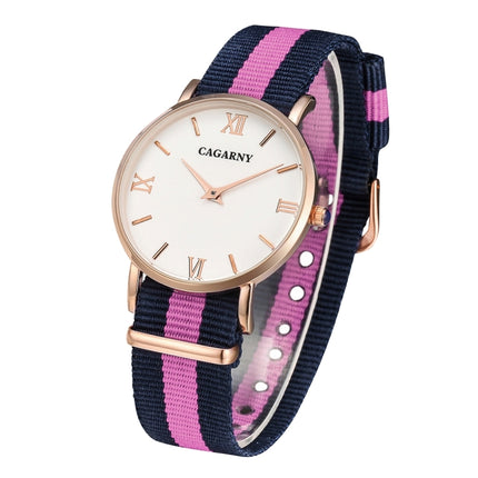 CAGARNY 6813 Fashionable Ultra Thin Rose Gold Case Quartz Wrist Watch with 3 Stripes Nylon Band for Women(Pink)-garmade.com