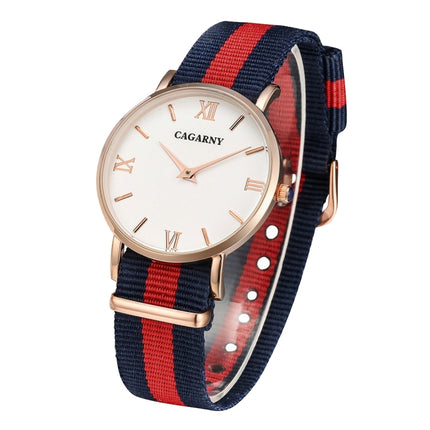 CAGARNY 6813 Fashionable Ultra Thin Rose Gold Case Quartz Wrist Watch with 3 Stripes Nylon Band for Women(Red)-garmade.com