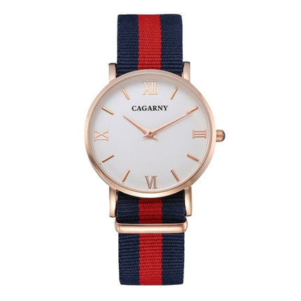 CAGARNY 6813 Fashionable Ultra Thin Rose Gold Case Quartz Wrist Watch with 3 Stripes Nylon Band for Women(Red)-garmade.com