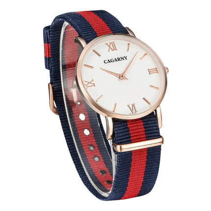 CAGARNY 6813 Fashionable Ultra Thin Rose Gold Case Quartz Wrist Watch with 3 Stripes Nylon Band for Women(Red)-garmade.com