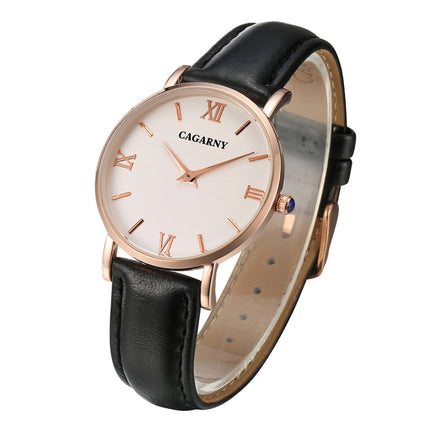 CAGARNY 6813 Concise Style Ultra Thin Rose Gold Case Quartz Wrist Watch with Leather Band for Women(Black)-garmade.com