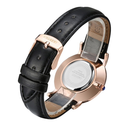 CAGARNY 6813 Concise Style Ultra Thin Rose Gold Case Quartz Wrist Watch with Leather Band for Women(Black)-garmade.com