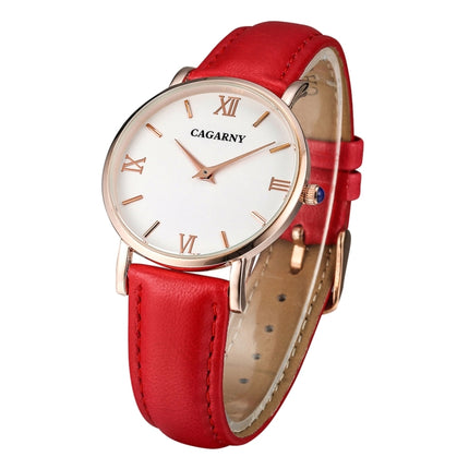 CAGARNY 6813 Concise Style Ultra Thin Rose Gold Case Quartz Wrist Watch with Leather Band for Women(Red)-garmade.com