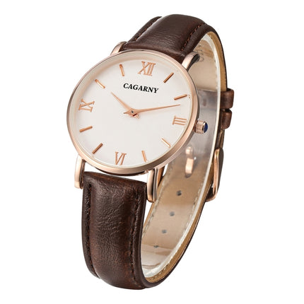 CAGARNY 6813 Concise Style Ultra Thin Rose Gold Case Quartz Wrist Watch with Leather Band for Women(Brown)-garmade.com