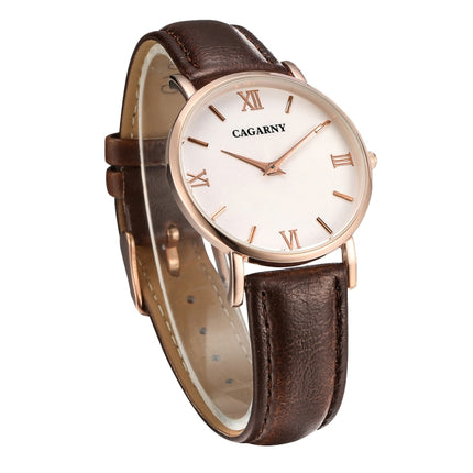 CAGARNY 6813 Concise Style Ultra Thin Rose Gold Case Quartz Wrist Watch with Leather Band for Women(Brown)-garmade.com