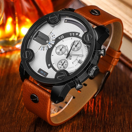 CAGARNY 6819 Fashionable Multifunctional Dual Time Zone Quartz Business Sport Wrist Watch with Leather Band & GMT Time & Calendar & Luminous Display for Men(Black Case)-garmade.com