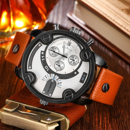 CAGARNY 6819 Fashionable Multifunctional Dual Time Zone Quartz Business Sport Wrist Watch with Leather Band & GMT Time & Calendar & Luminous Display for Men(Black Case)-garmade.com