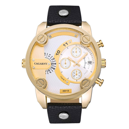 CAGARNY 6819 Fashionable Multifunctional Dual Time Zone Quartz Business Sport Wrist Watch with Leather Band & GMT Time & Calendar & Luminous Display for Men(Gold Case Black Strap)-garmade.com