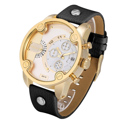 CAGARNY 6819 Fashionable Multifunctional Dual Time Zone Quartz Business Sport Wrist Watch with Leather Band & GMT Time & Calendar & Luminous Display for Men(Gold Case Black Strap)-garmade.com