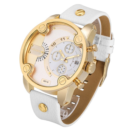 CAGARNY 6819 Fashionable Multifunctional Dual Time Zone Quartz Business Sport Wrist Watch with Leather Band & GMT Time & Calendar & Luminous Display for Men(Gold Case White Strap)-garmade.com