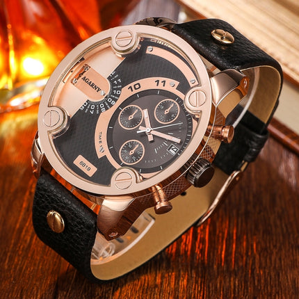 CAGARNY 6819 Fashionable Multifunctional Dual Time Zone Quartz Business Sport Wrist Watch with Leather Band & GMT Time & Calendar & Luminous Display for Men(Rose Gold Case)-garmade.com
