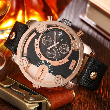 CAGARNY 6819 Fashionable Multifunctional Dual Time Zone Quartz Business Sport Wrist Watch with Leather Band & GMT Time & Calendar & Luminous Display for Men(Rose Gold Case)-garmade.com
